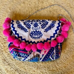 Bohemian Pink and Blue Embroidered Pom-Pom Women's Bag